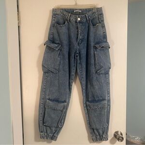 Women's Baggy Wide Leg Cargo Jogger Denim Jeans Size L/30” Grunge Indy Punk Y2K